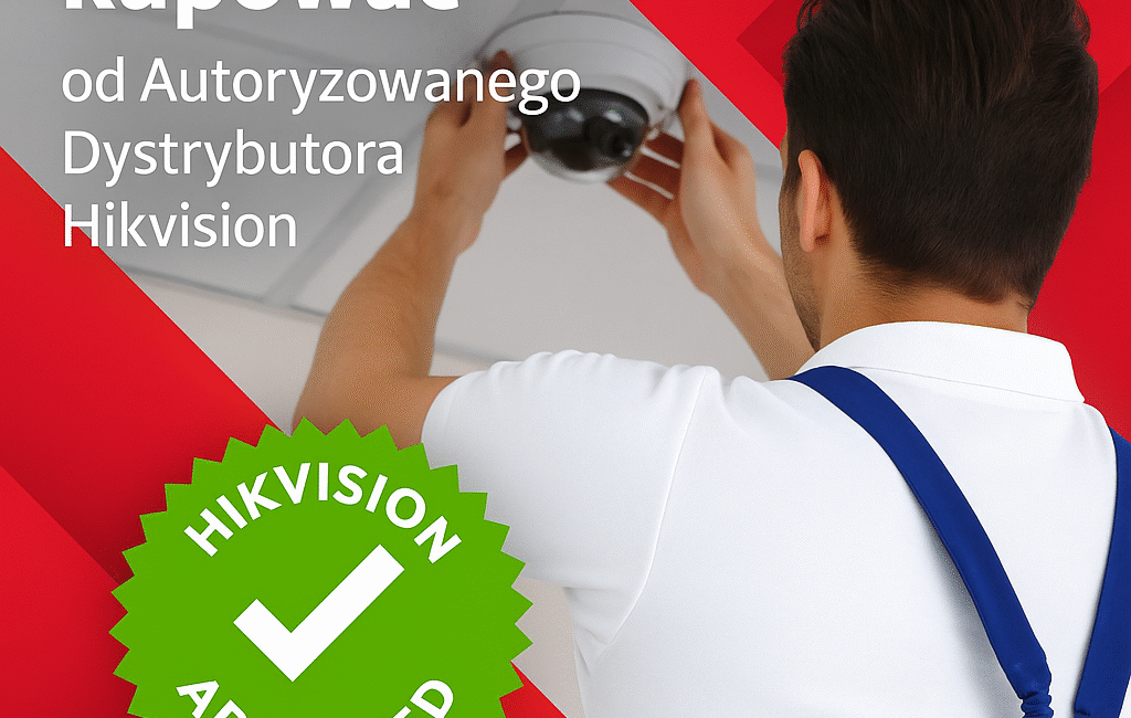 Instalator montuje kamerę Hikvision. Napis: Dlaczego warto kupować od Autoryzowanego Dystrybutora Hikvision. Badge: Hikvision Approved. Logo Format-MS w podpisie.